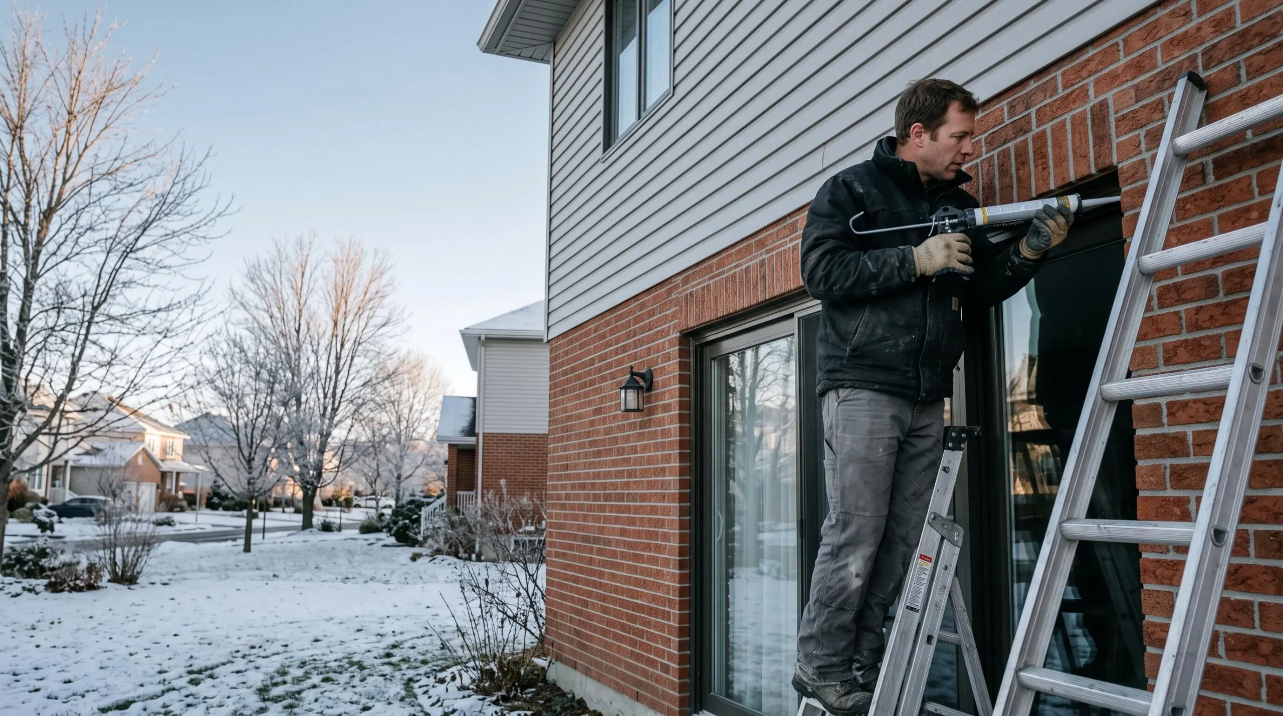 Un calfeutreur professionnel applique un joint de scellant autour d'une porte-patio depuis une échelle devant une maison.