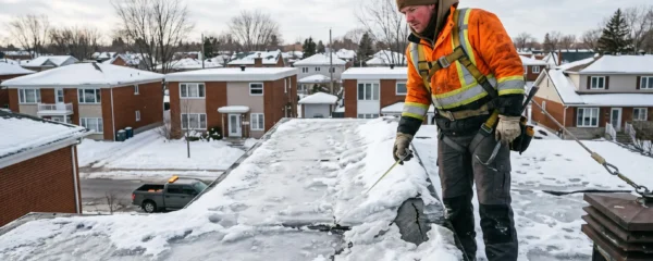 Couvreur professionnel inspectant l'accumulation de glace et de neige sur un toit plat lors d'une intervention d'urgence hivernale à Laval, Québec.