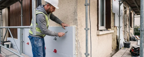 Artisan installant un panneau d'isolation rigide sur la façade extérieure d'une maison individuelle depuis un échafaudage
