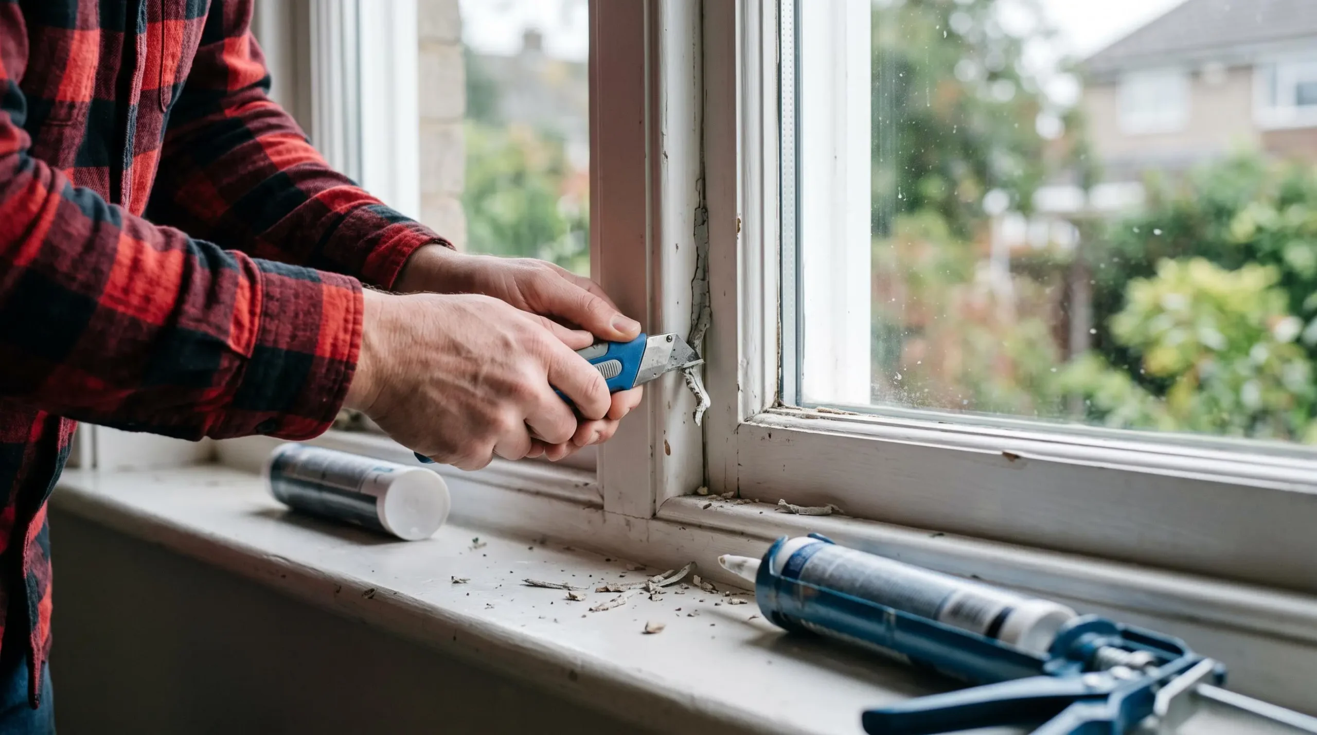 Des mains retirent au couteau un vieux joint de calfeutrage craquelé sur le cadre intérieur d'une fenêtre.