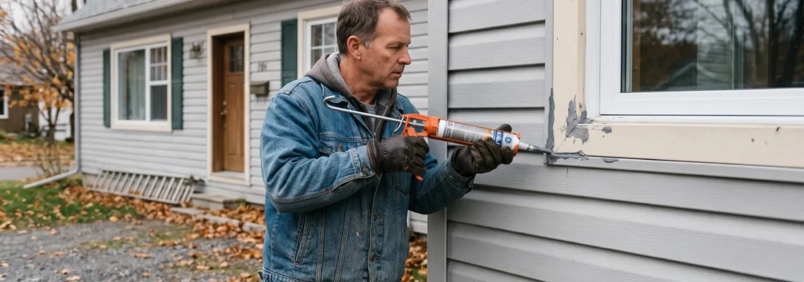 Un propriétaire applique un cordon de calfeutrage au pistolet sur le pourtour extérieur d'une fenêtre d'une maison de Québec.