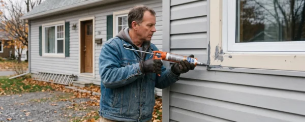 Un propriétaire applique un cordon de calfeutrage au pistolet sur le pourtour extérieur d'une fenêtre d'une maison de Québec.